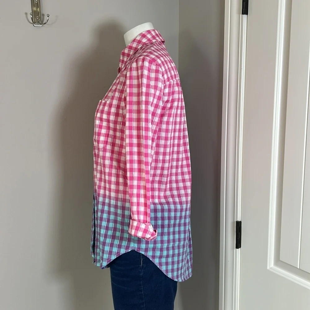 Anthropologie Pilcro Deb Gingham Button down Shirt Pink Blue Cotton Sz XS